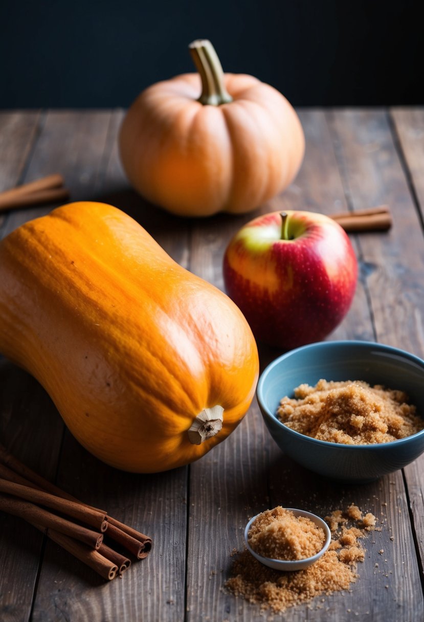 A butternut squash and apple sit on a wooden table, surrounded by cinnamon sticks and a bowl of brown sugar