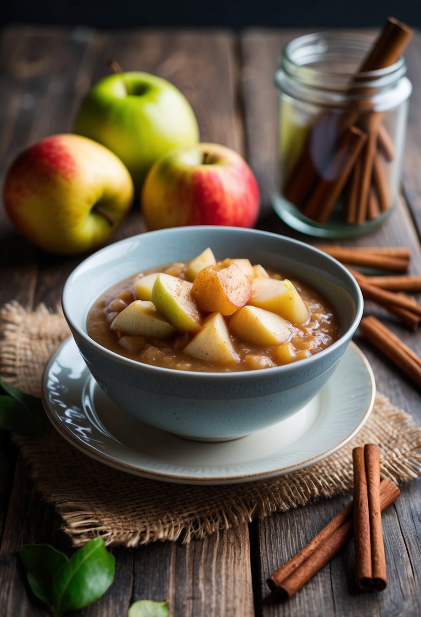 A bowl of apple and pear sauce sits on a rustic wooden table, surrounded by fresh fruit and a jar of cinnamon sticks