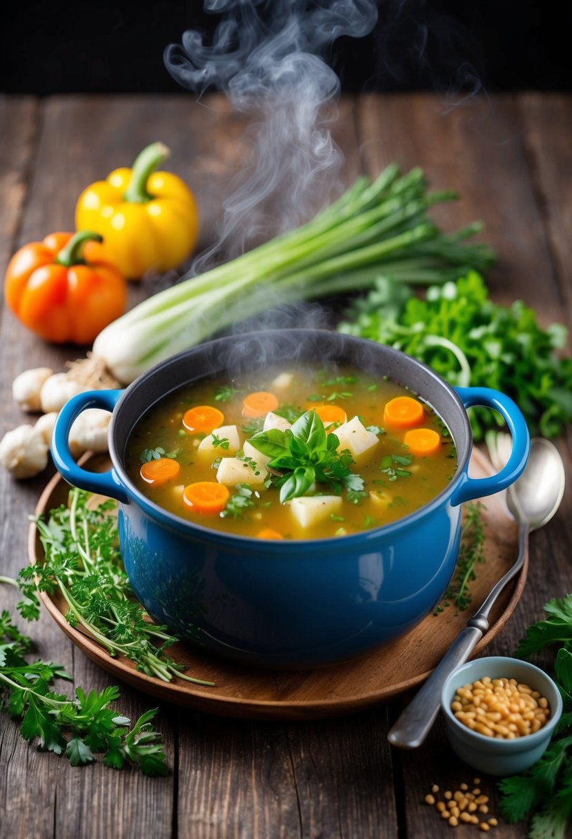 A steaming pot of low carb soup surrounded by fresh vegetables and herbs on a rustic wooden table