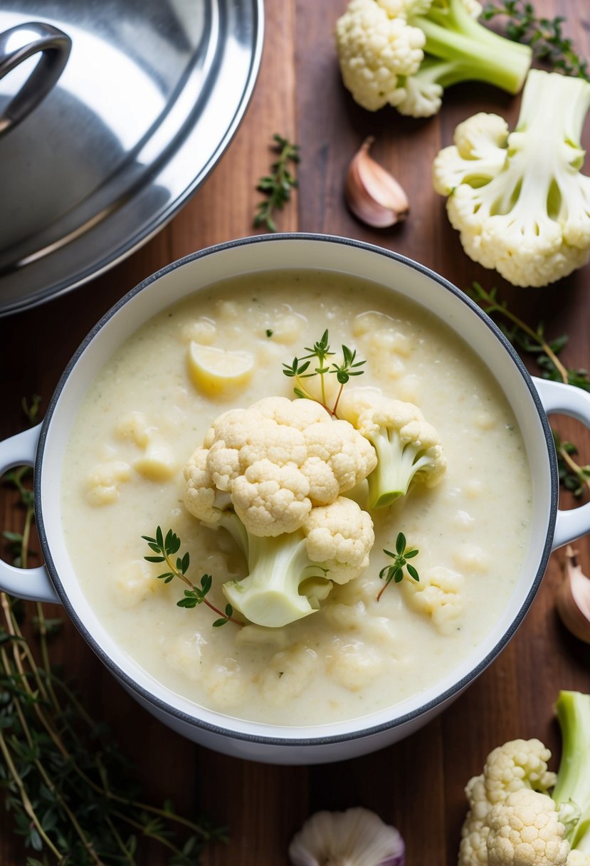 A steaming pot of creamy cauliflower soup surrounded by fresh cauliflower florets, garlic cloves, and a sprig of thyme