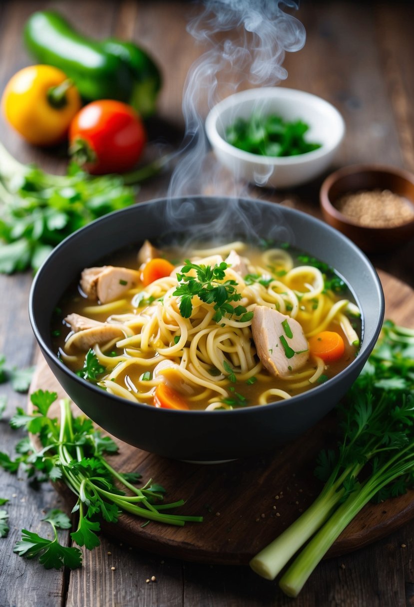 A steaming bowl of zoodle chicken noodle soup surrounded by fresh vegetables and herbs on a rustic wooden table