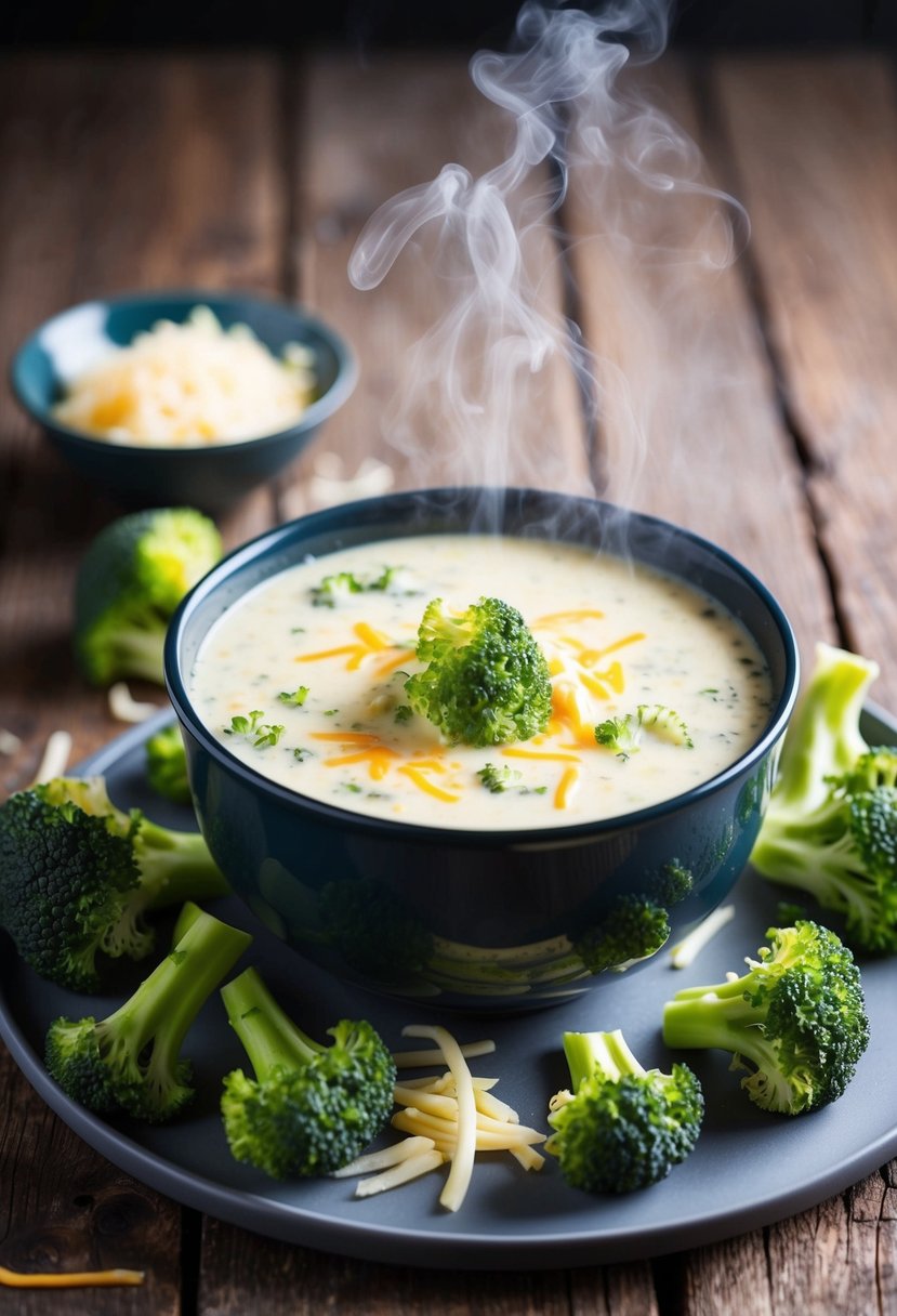 A steaming bowl of broccoli cheese soup sits on a rustic wooden table, surrounded by fresh broccoli florets and a sprinkle of shredded cheese