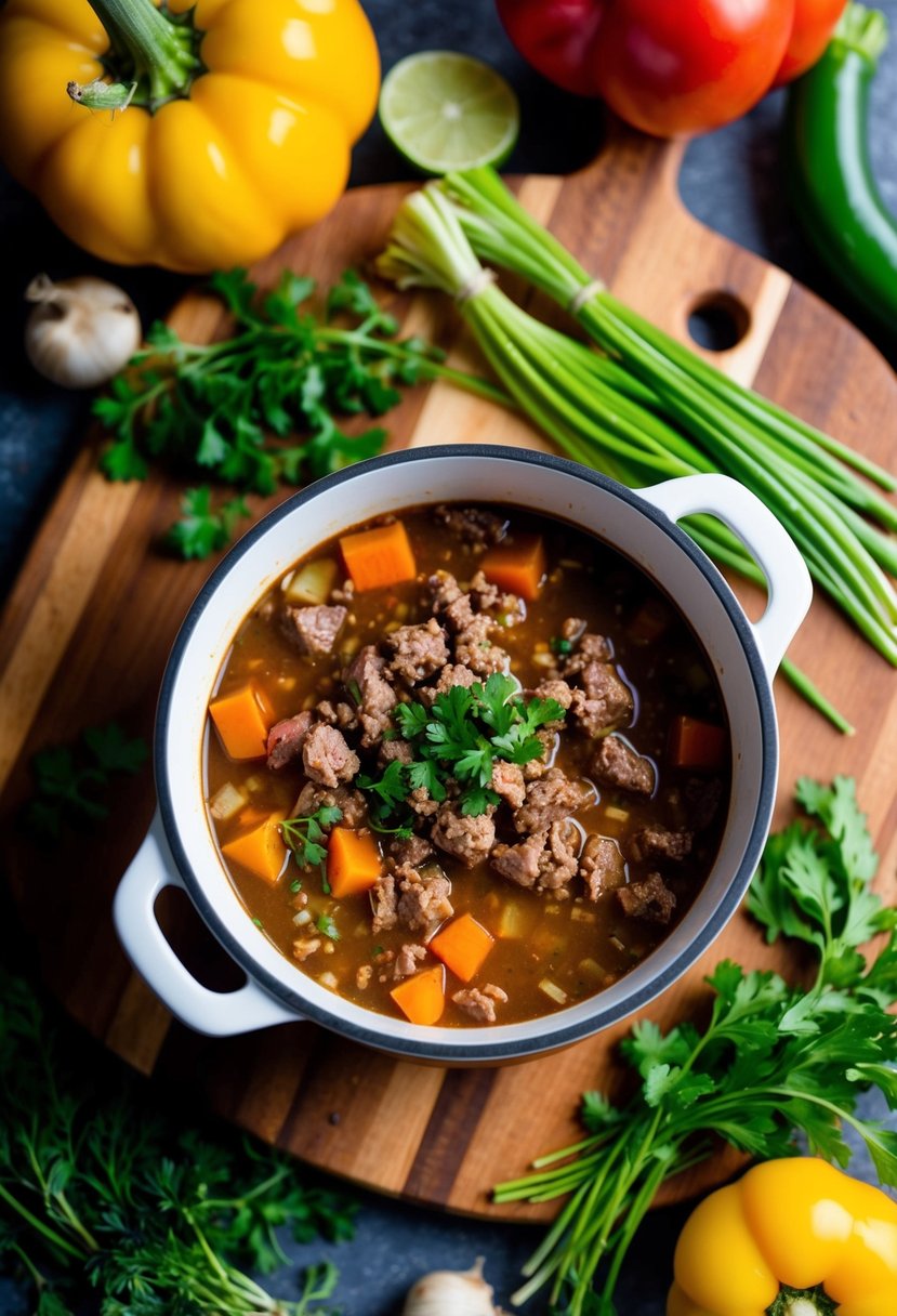 A pot of simmering soup with ground beef, surrounded by colorful vegetables and herbs on a wooden cutting board