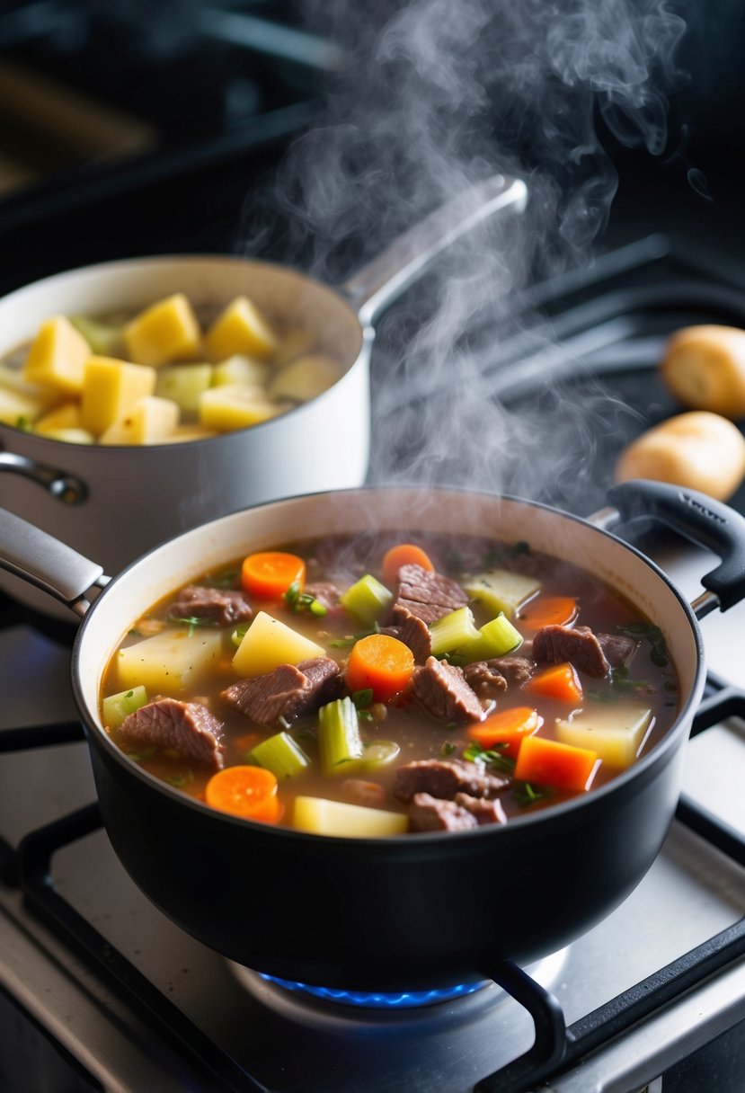 A pot of simmering beef and vegetable soup on a stovetop, steam rising. Chopped carrots, celery, and potatoes visible in the hearty broth