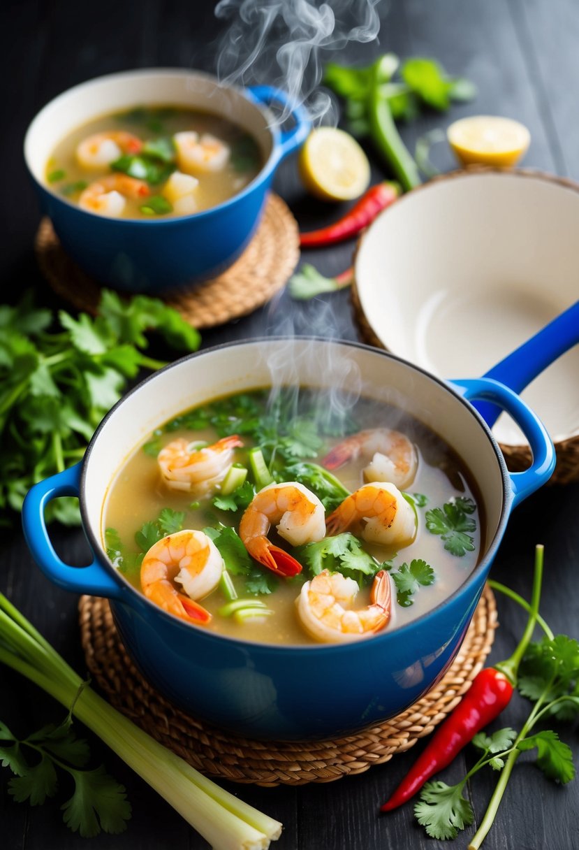 A steaming pot of Thai coconut shrimp soup surrounded by fresh ingredients like lemongrass, cilantro, and chili peppers