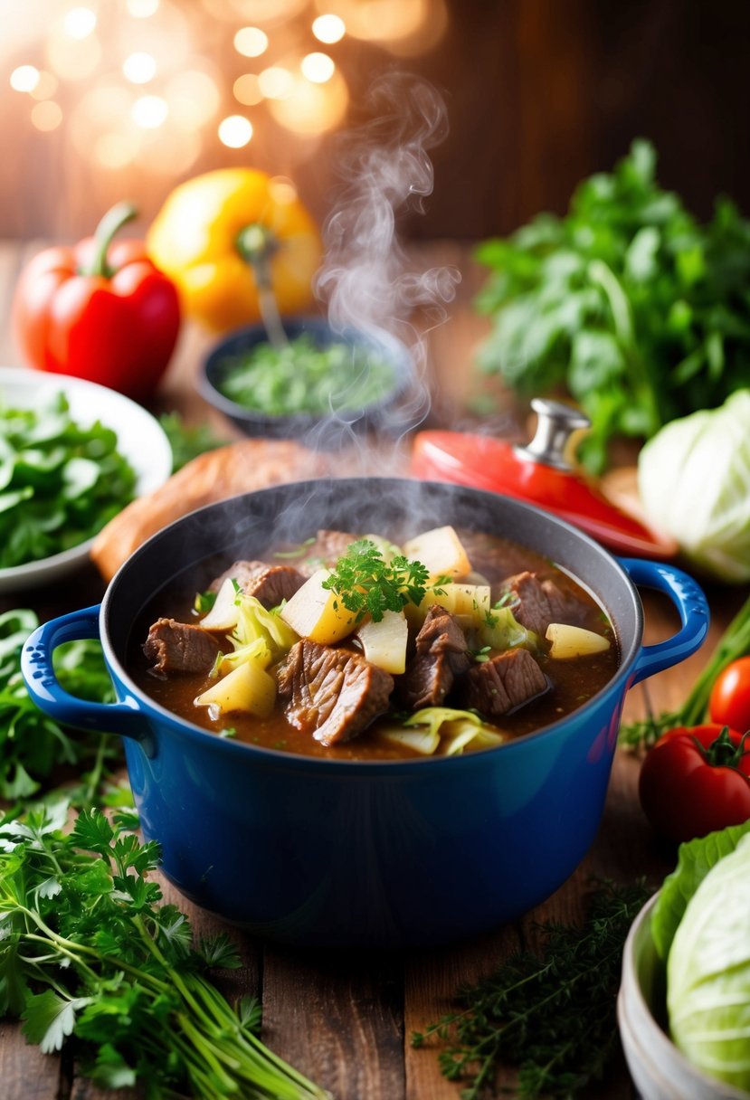 A steaming pot of beef cabbage stew surrounded by fresh vegetables and herbs