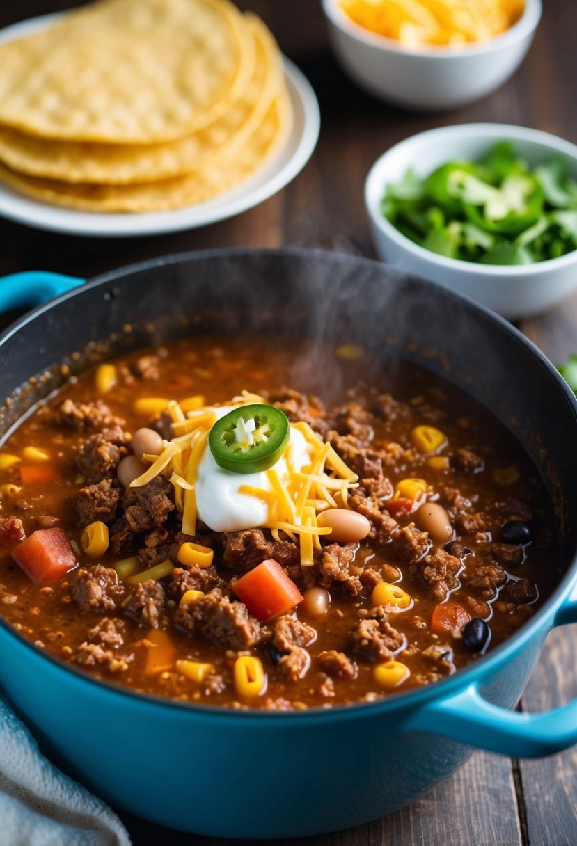 A simmering pot of taco soup with ground beef, bubbling with chunks of tomatoes, beans, and corn, topped with a sprinkle of shredded cheese and a dollop of sour cream