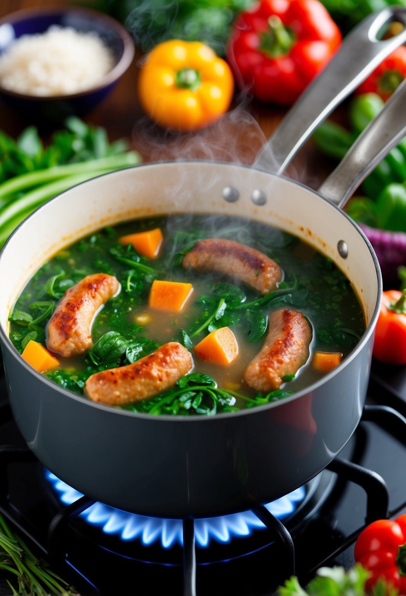 A steaming pot of spicy sausage and spinach soup simmering on a stove, surrounded by colorful vegetables and herbs