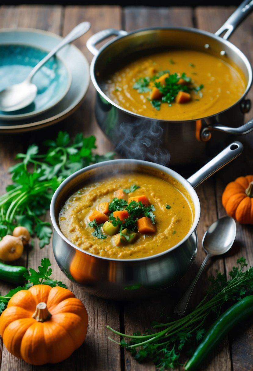 A steaming pot of pumpkin curry soup surrounded by fresh vegetables and herbs on a rustic wooden table