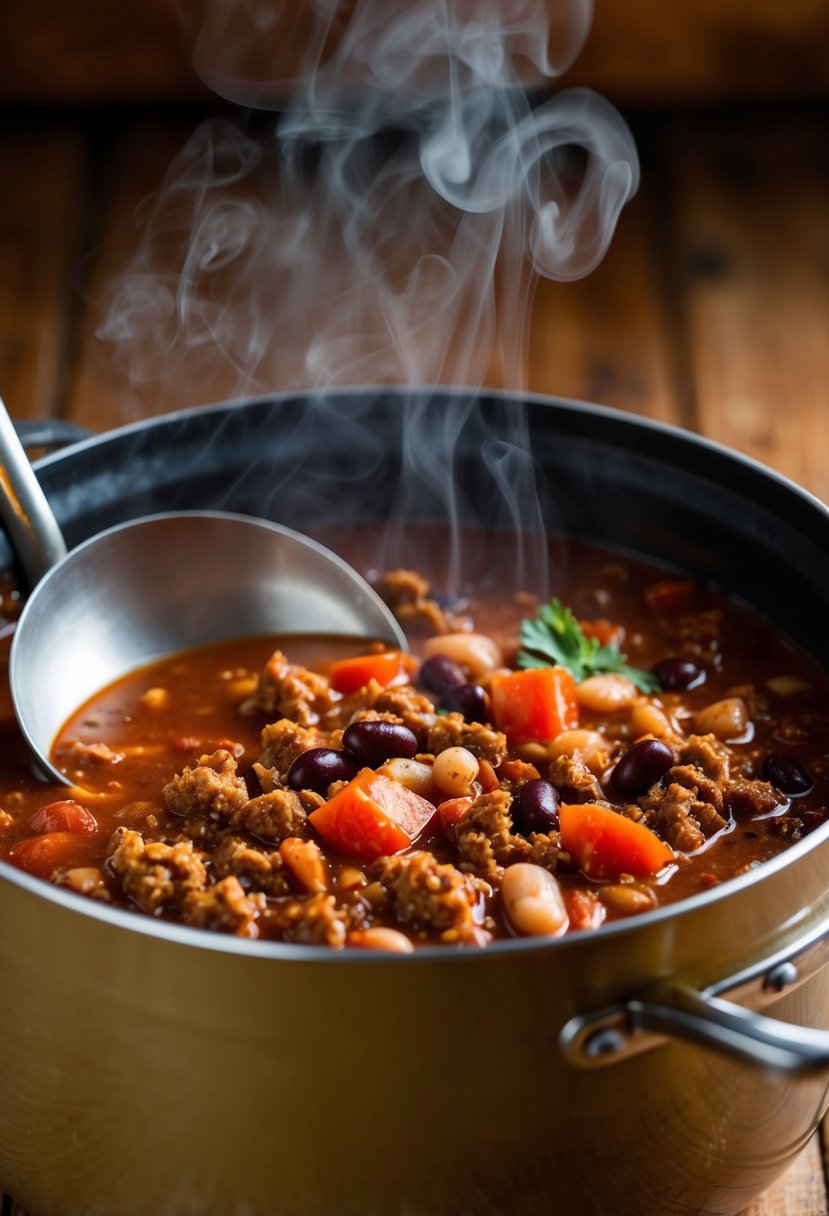 A simmering pot of chili soup with ground beef, tomatoes, beans, and spices, steam rising and a ladle resting on the side