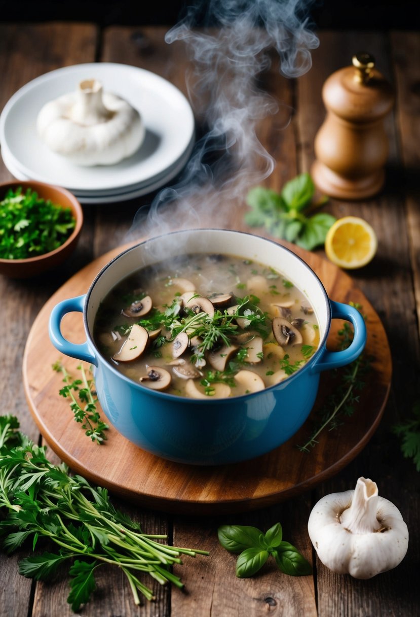 A steaming pot of mushroom and herb soup surrounded by fresh ingredients on a rustic wooden tabletop