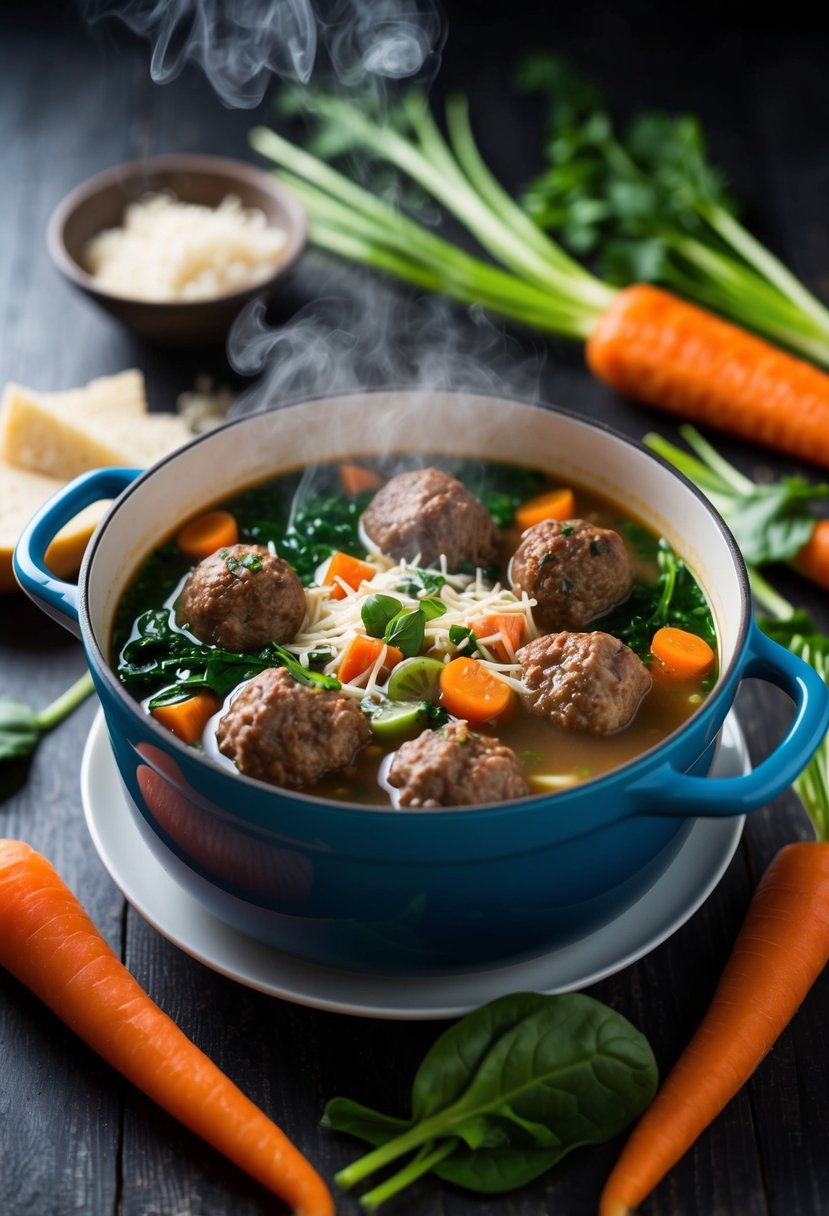 A steaming pot of Italian Wedding Soup with beef meatballs, surrounded by fresh ingredients like carrots, spinach, and Parmesan cheese