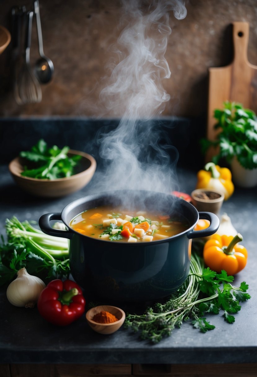 A steaming pot of soup surrounded by fresh vegetables, herbs, and spices on a rustic kitchen counter