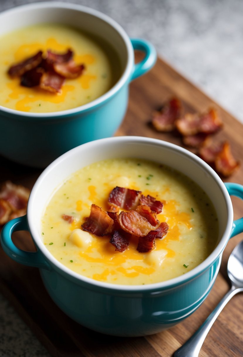 A steaming pot of cheesy potato soup with crispy bacon garnish