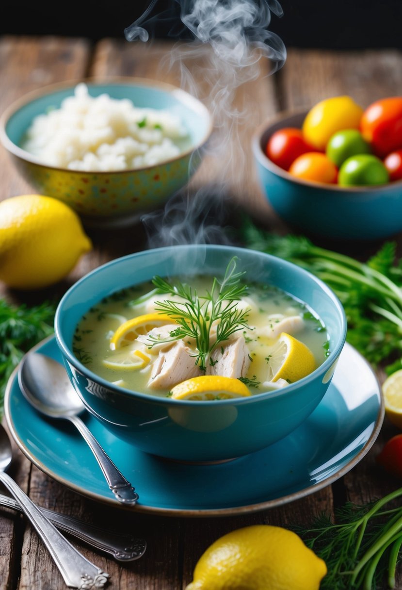 A steaming bowl of lemon chicken soup with fresh dill garnish sits on a rustic wooden table, surrounded by colorful low-carb ingredients