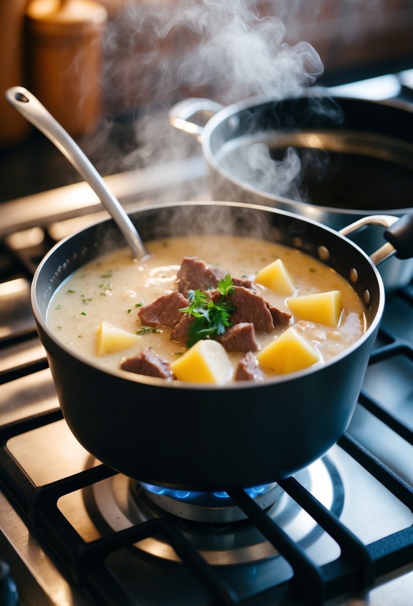 A bubbling pot of creamy beef and potato soup simmering on a stovetop. Steam rising and a ladle resting on the edge