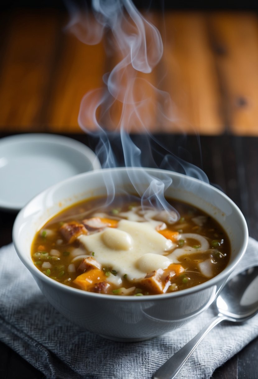 A steaming bowl of French Onion Soup topped with melted Gruyère cheese