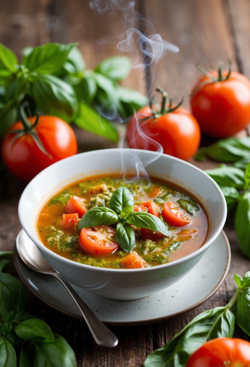 A steaming bowl of tomato basil pesto soup surrounded by fresh basil leaves and ripe tomatoes on a rustic wooden table