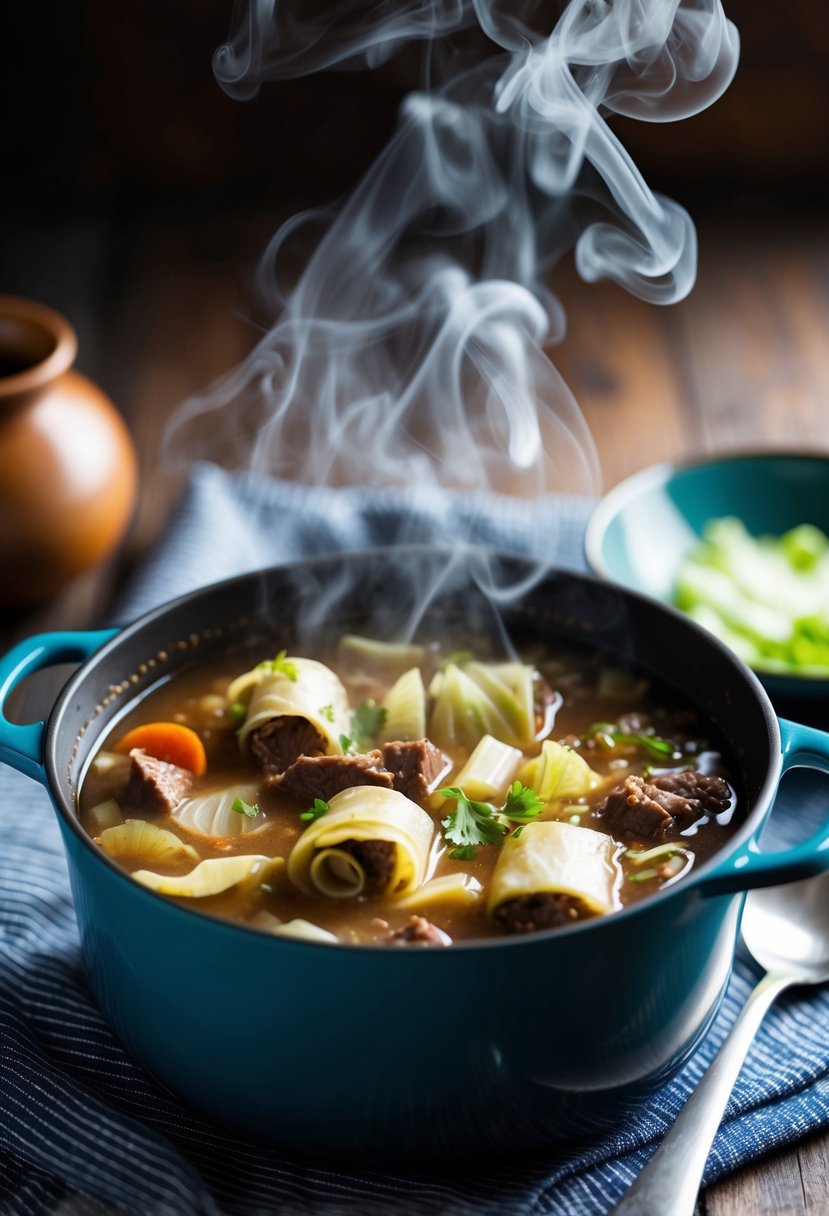 A simmering pot of beef and cabbage roll soup, with steam rising and ingredients floating