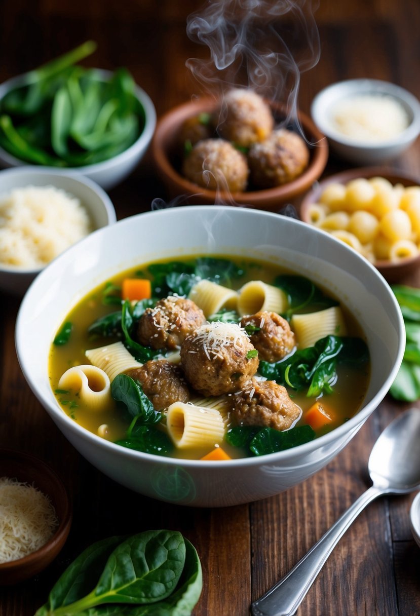 A steaming bowl of Italian Wedding Soup surrounded by fresh ingredients like meatballs, spinach, and pasta, with a sprinkle of Parmesan cheese on top