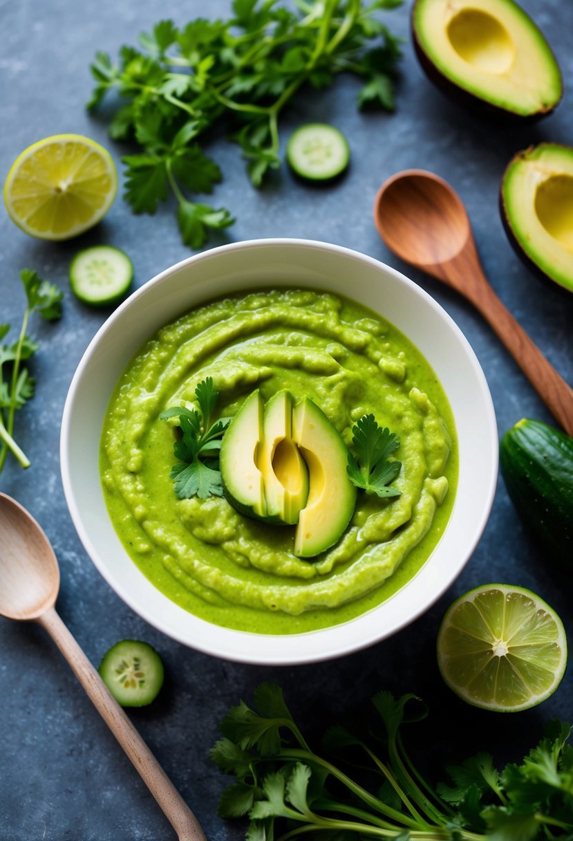 A vibrant bowl of avocado cucumber gazpacho surrounded by fresh ingredients and a rustic wooden spoon