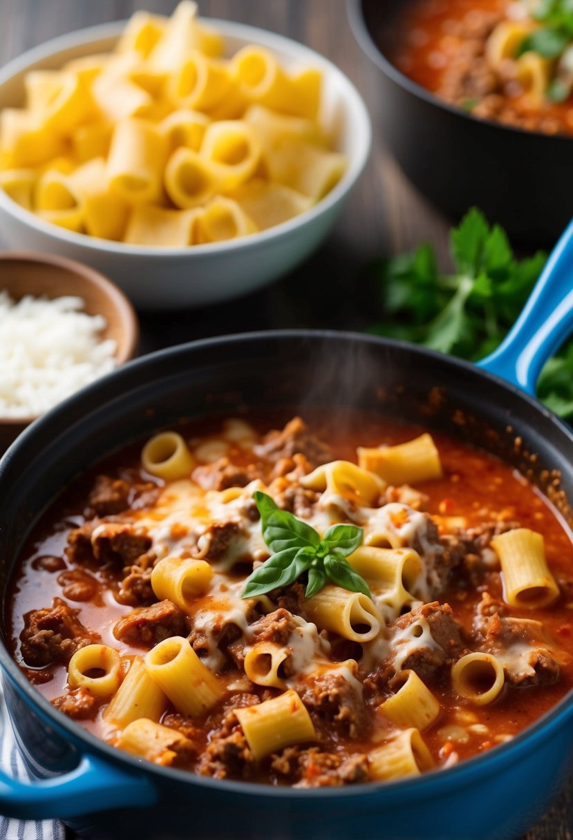 A simmering pot of beef lasagna soup with bubbling cheese and pasta