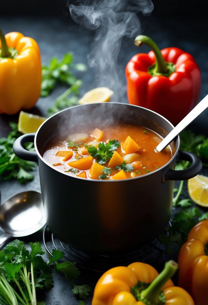 A steaming pot of bell pepper soup surrounded by fresh ingredients and a ladle