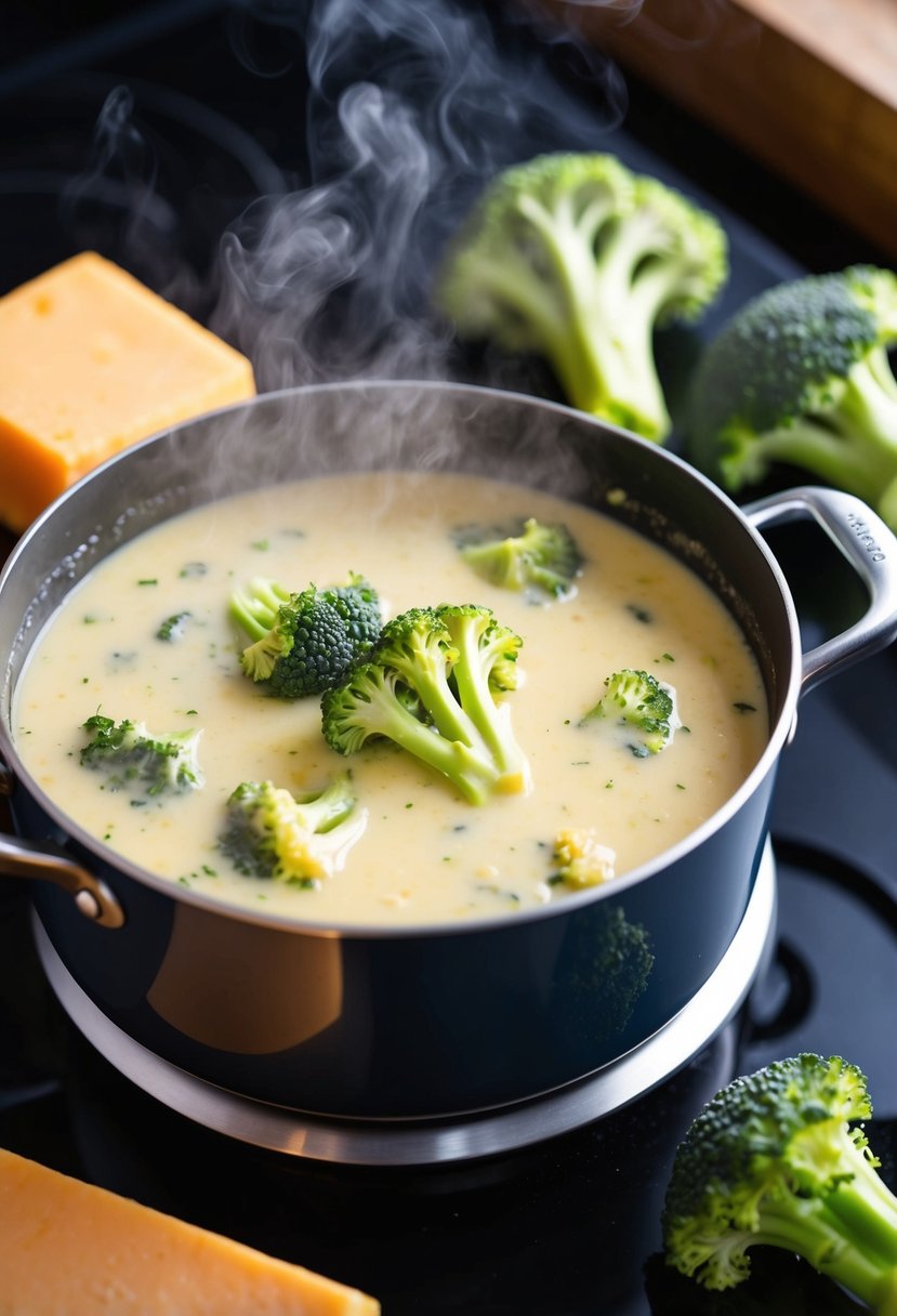 A steaming pot of broccoli cheese soup simmering on a stove, surrounded by fresh broccoli florets and a block of creamy cheddar cheese