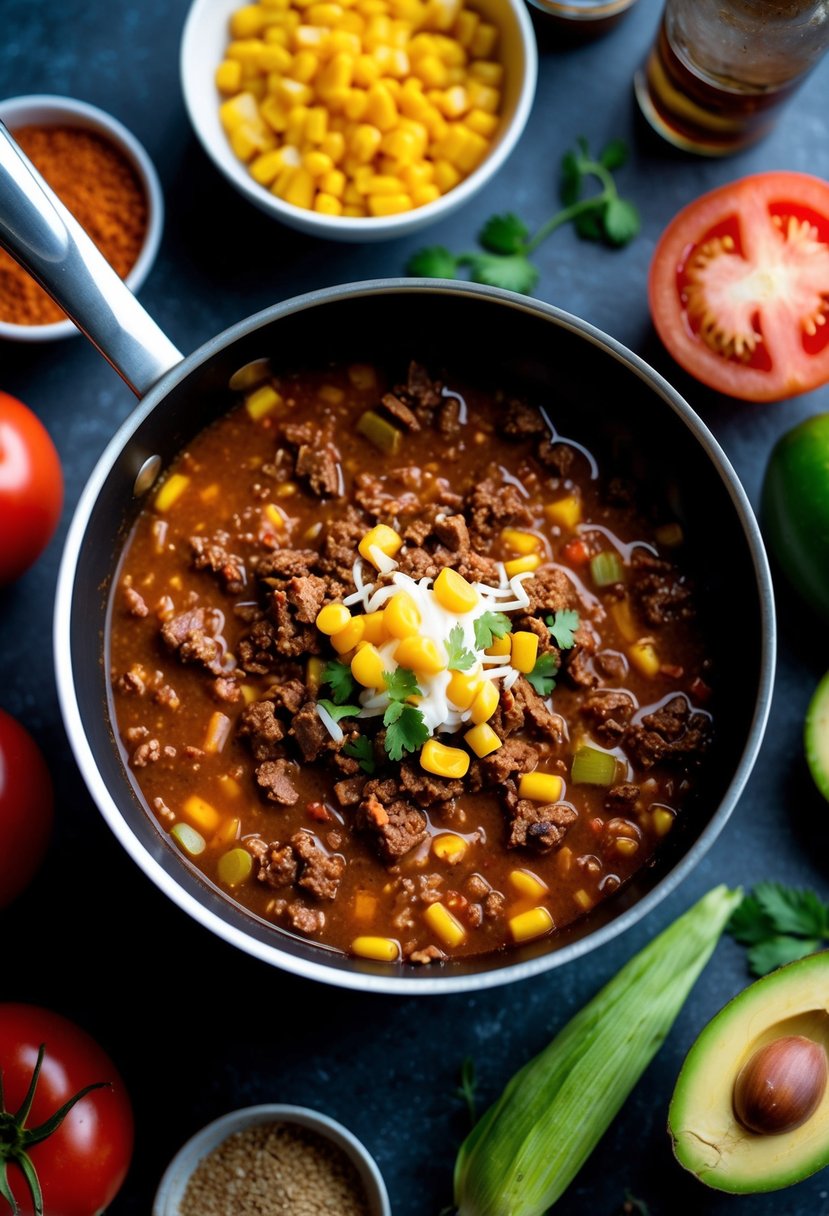 A simmering pot of Tex-Mex Taco Soup with Ground Beef, surrounded by colorful ingredients like tomatoes, corn, beans, and spices