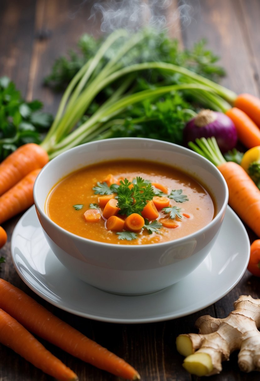 A steaming bowl of ginger carrot soup surrounded by fresh carrots, ginger root, and other colorful vegetables