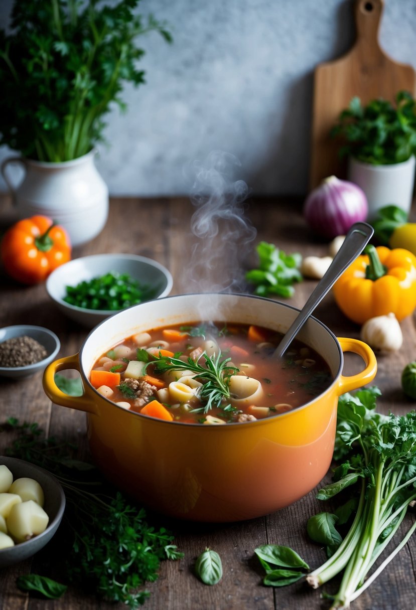 A rustic kitchen with a bubbling pot of Sardinian Longevity Minestrone Soup surrounded by fresh vegetables and herbs