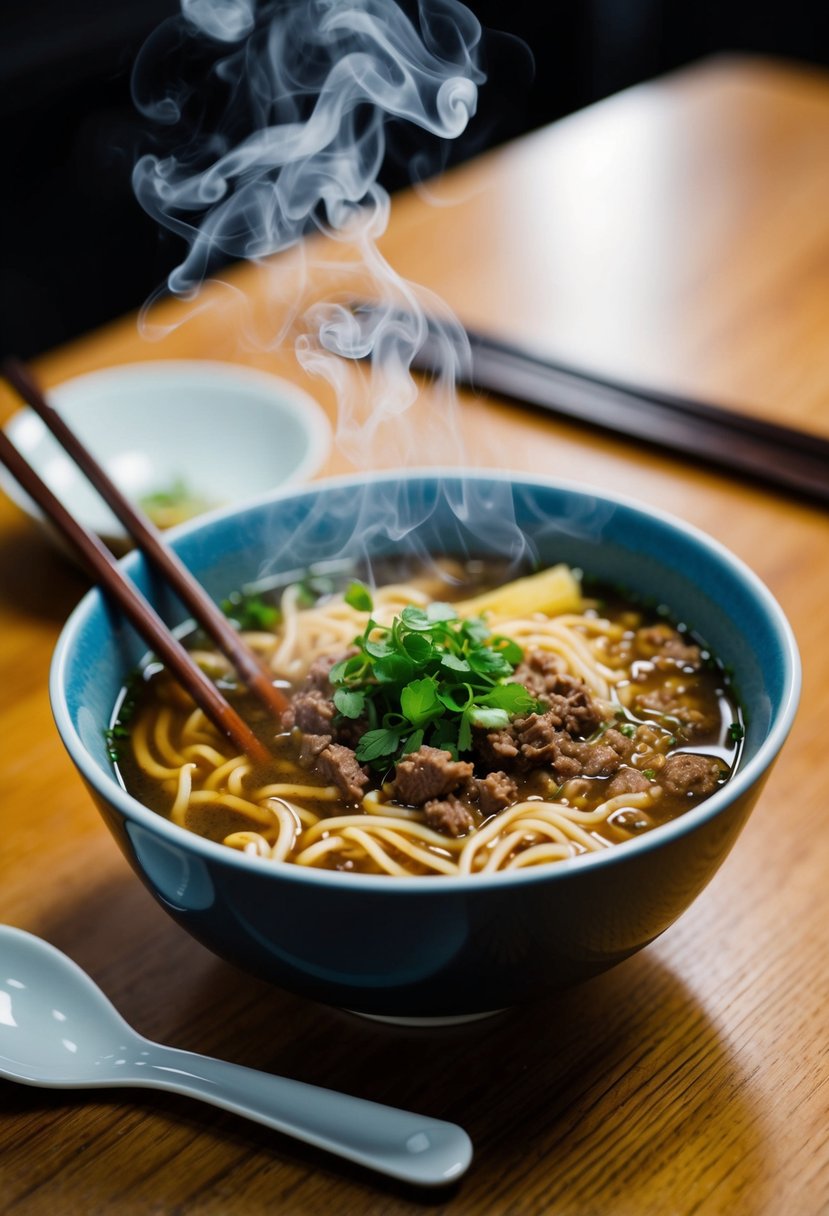 A steaming bowl of ramen noodle soup with ground beef, surrounded by chopsticks and a spoon on a wooden table