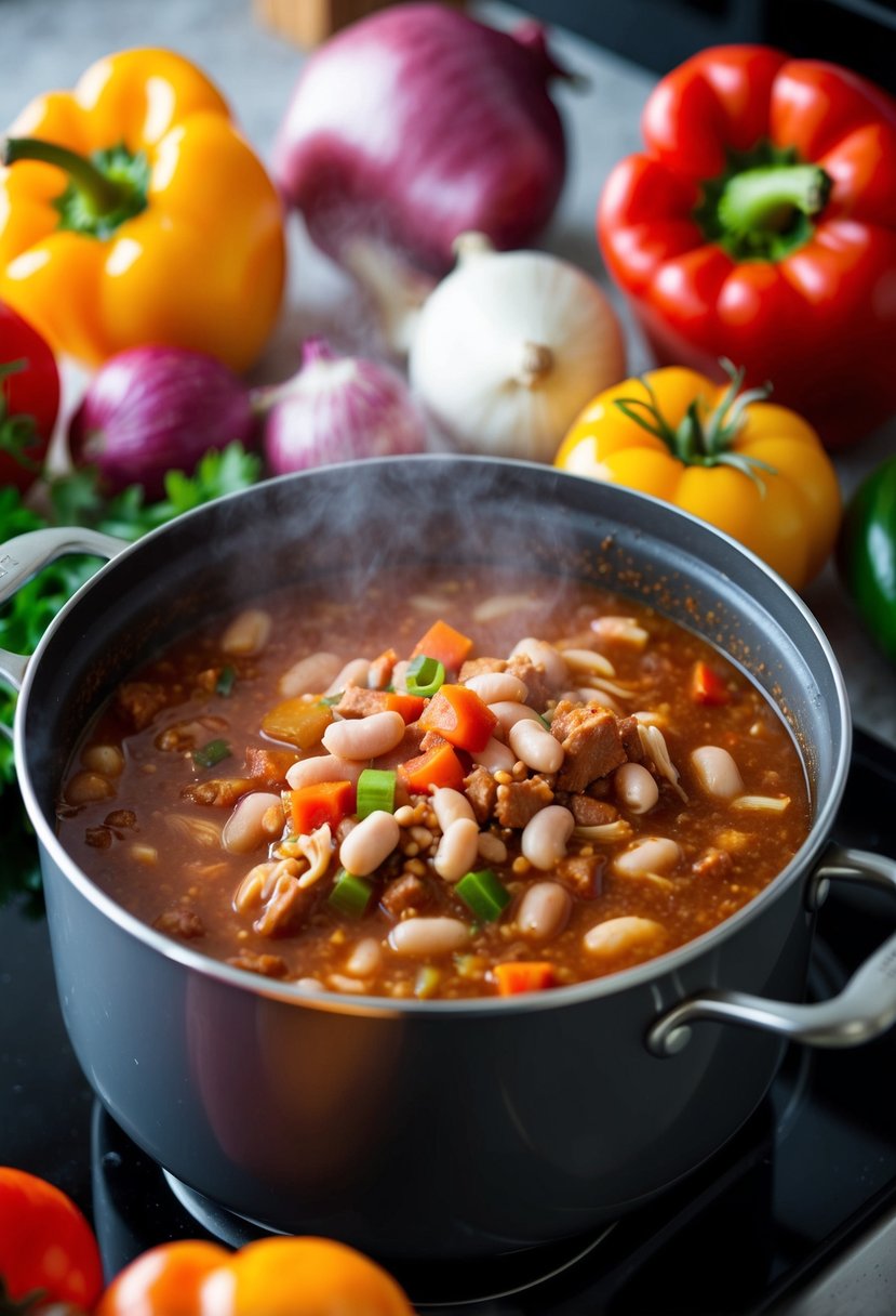 A steaming pot of turkey and white bean chili simmers on a stovetop, surrounded by colorful, fresh ingredients like bell peppers, onions, and tomatoes