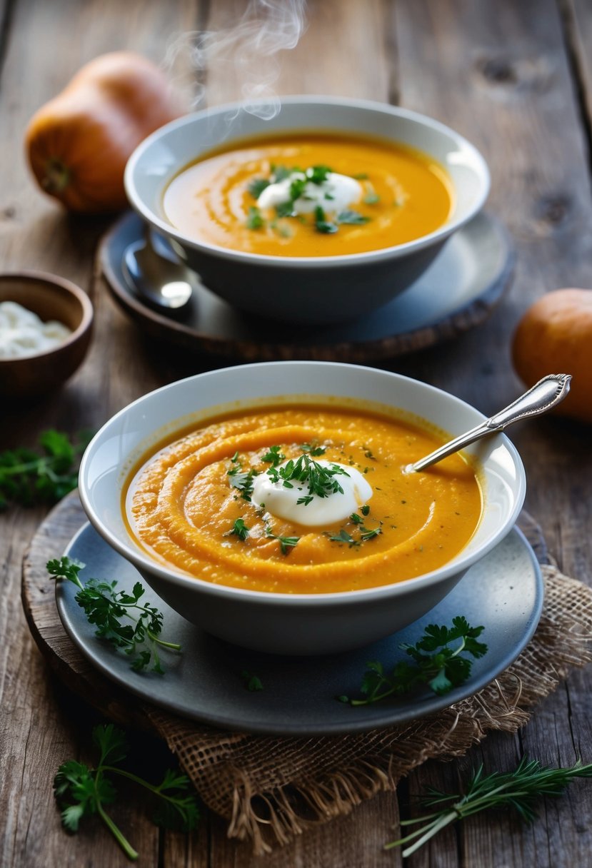 A steaming bowl of butternut squash soup garnished with a dollop of cream and a sprinkle of fresh herbs sits on a rustic wooden table