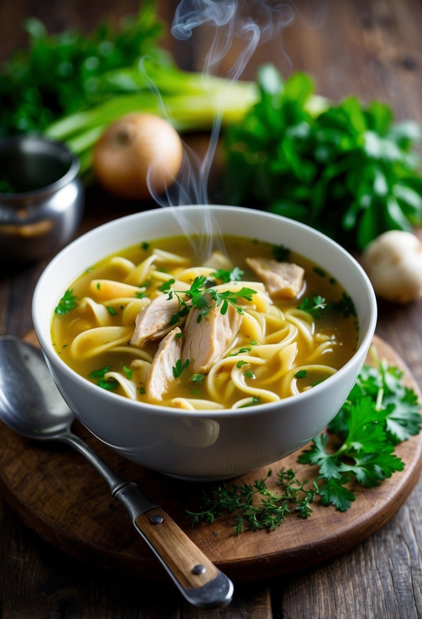 A steaming bowl of classic chicken noodle soup sits on a rustic wooden table, surrounded by fresh vegetables and herbs