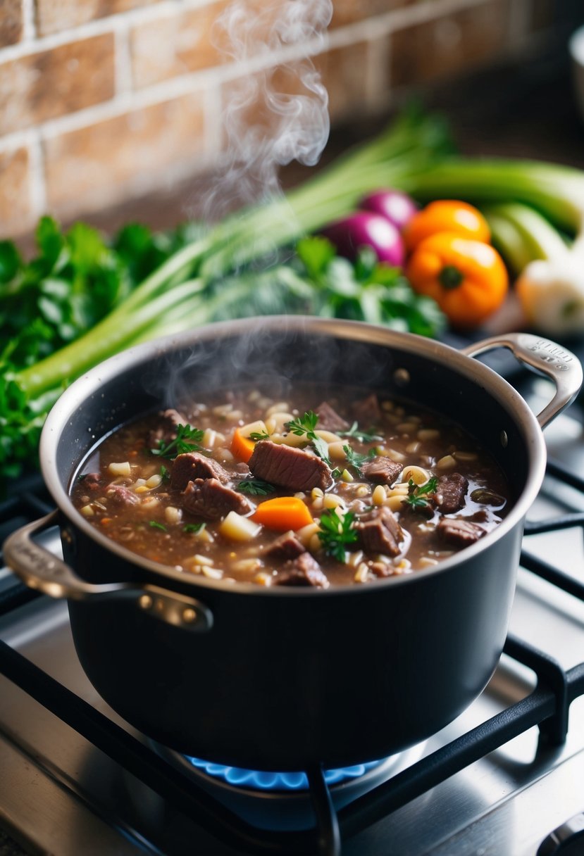 A steaming pot of beef and barley soup simmers on a stovetop, surrounded by fresh vegetables and herbs