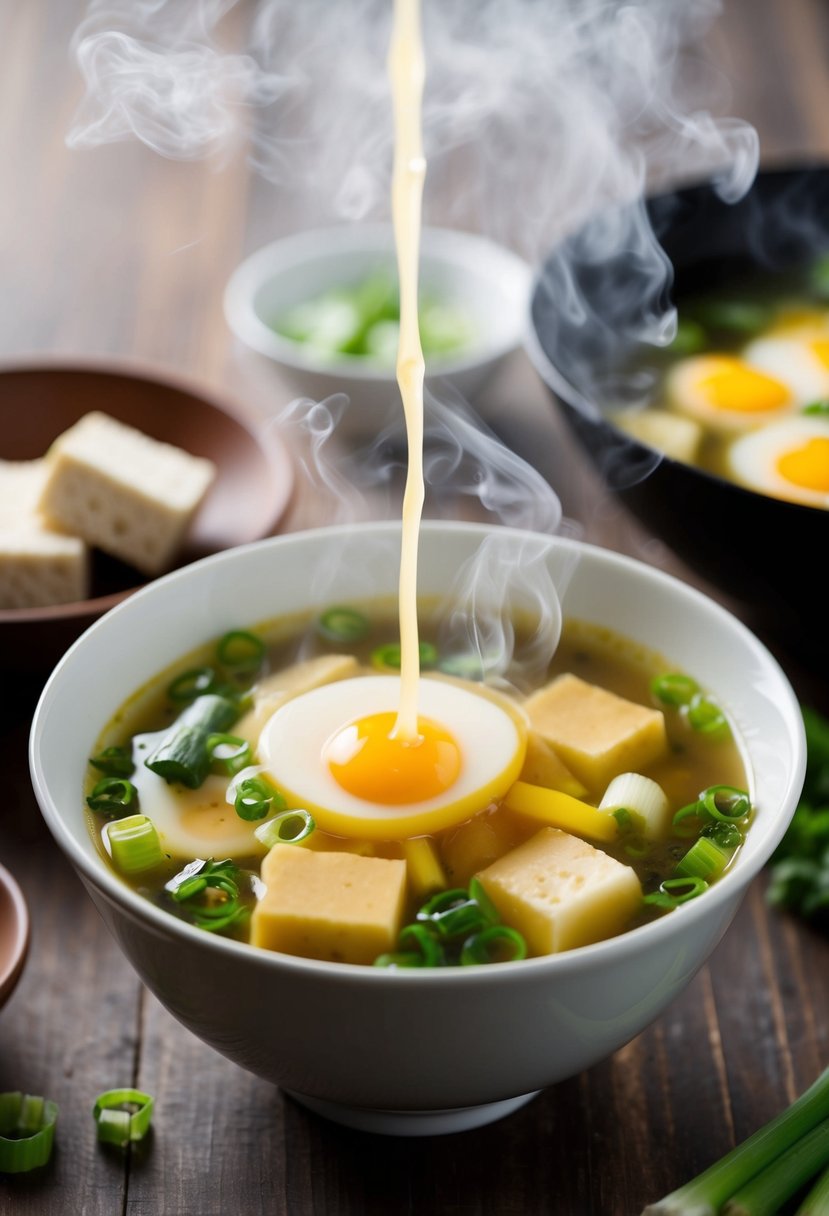 A steaming bowl of egg drop soup with floating strands of beaten egg, green onions, and small pieces of tofu in a clear, savory broth