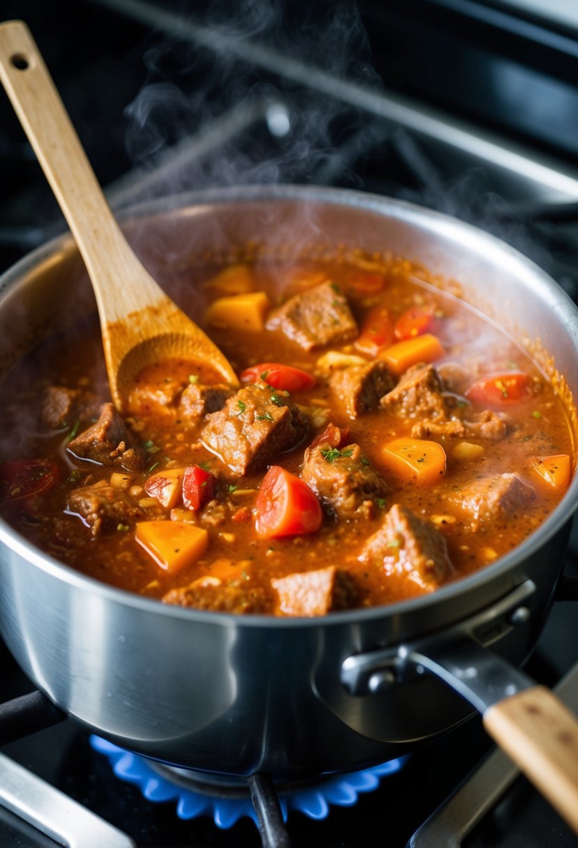 A steaming pot of spicy beef soup simmers on a stove, filled with chunks of tender meat, tomatoes, and spices. A wooden spoon rests on the edge of the pot