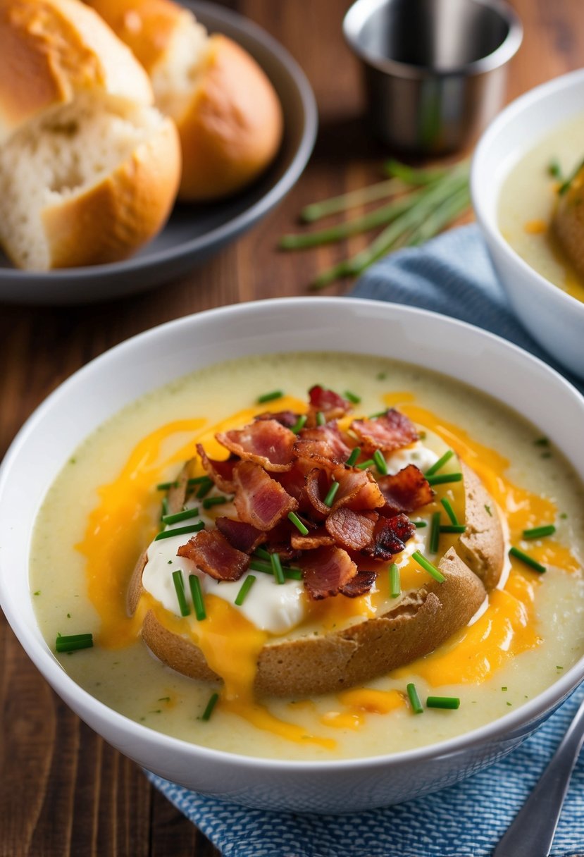 A steaming bowl of loaded baked potato soup topped with crispy bacon, chives, and melted cheese, served with a side of warm, crusty bread