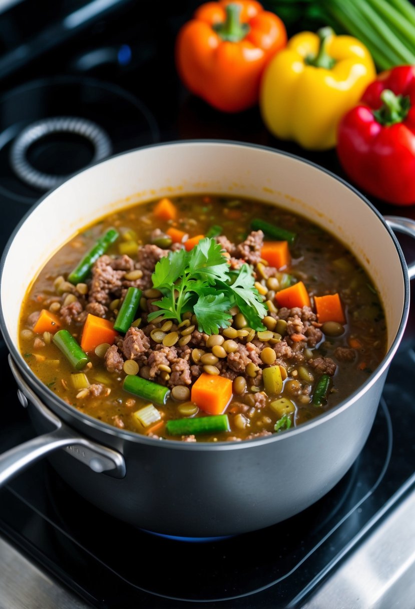 A pot of simmering soup with ground beef, lentils, and colorful vegetables on a stovetop