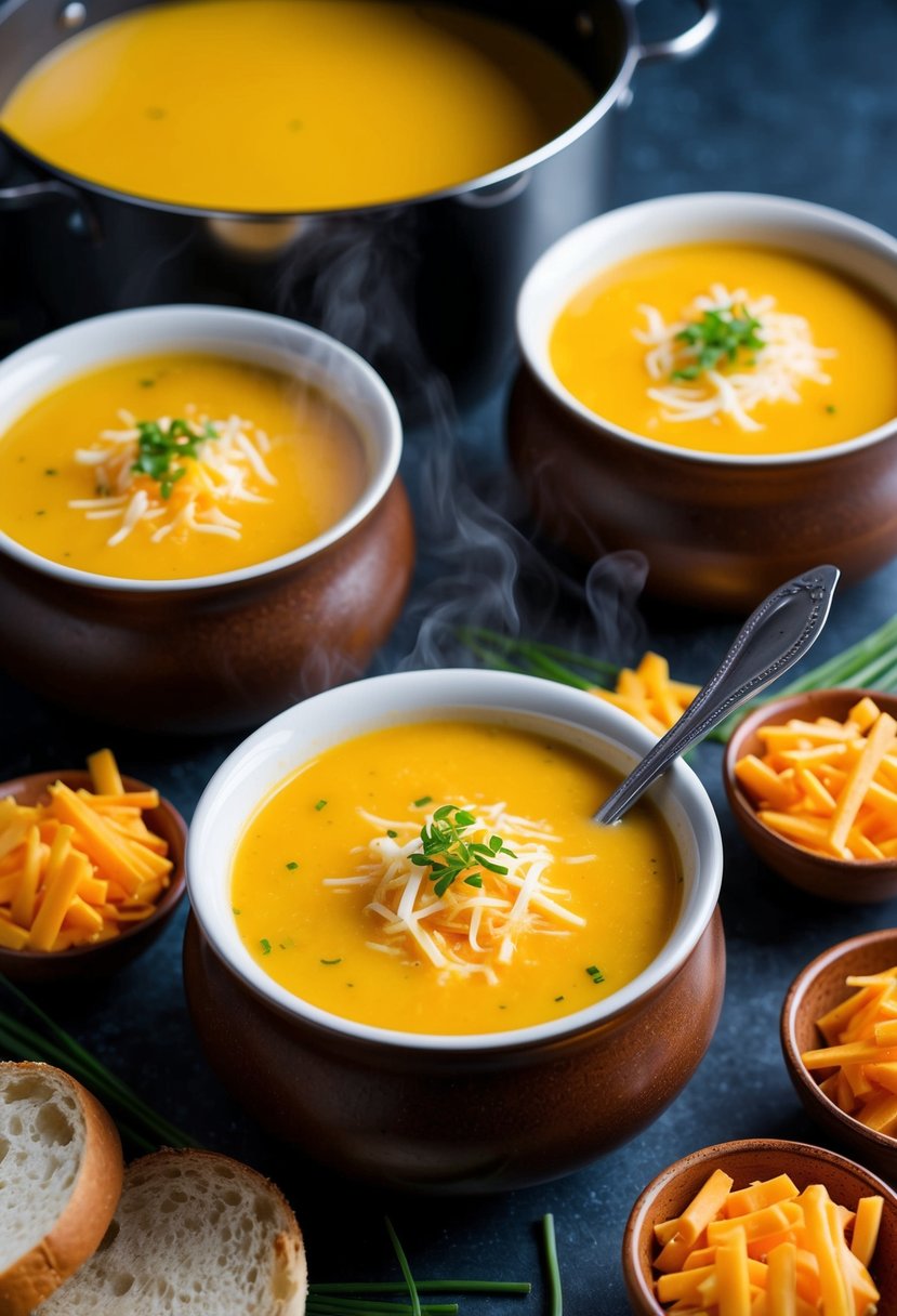 A steaming pot of beer cheese soup surrounded by bread bowls and garnished with shredded cheddar and chives