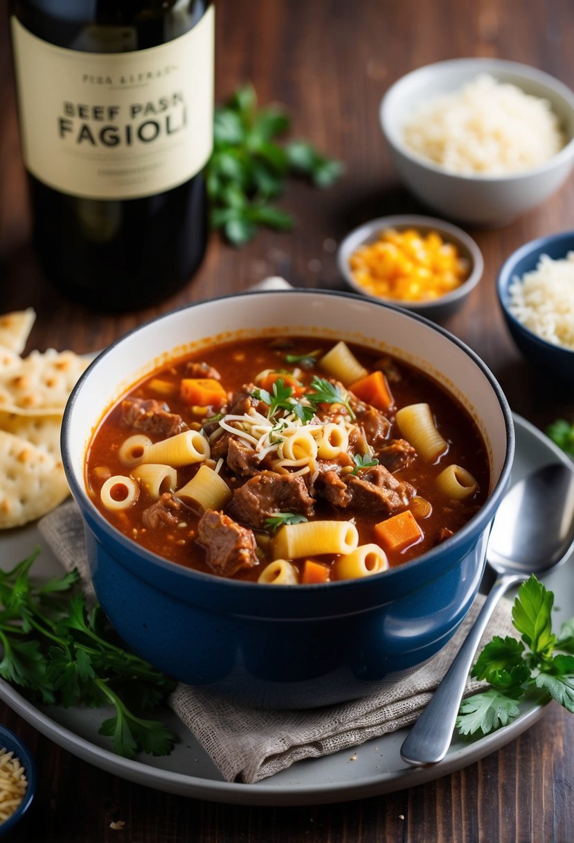 A pot of simmering Beef and Pasta Fagioli soup with ingredients surrounding it