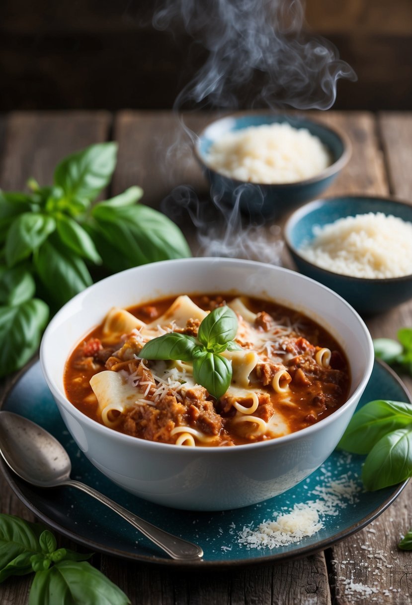 A steaming bowl of lasagna soup surrounded by fresh basil and grated parmesan on a rustic wooden table