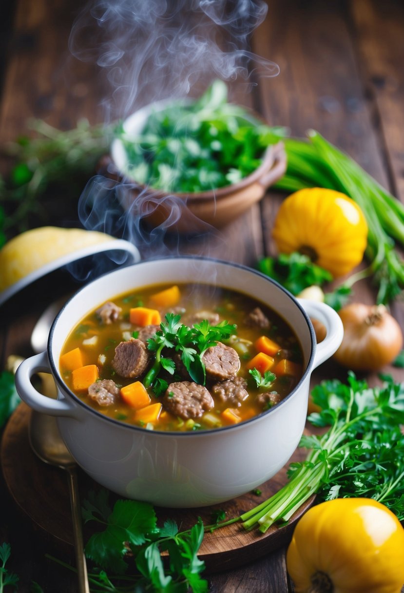 A steaming pot of hamburger soup surrounded by fresh vegetables and herbs on a rustic wooden table