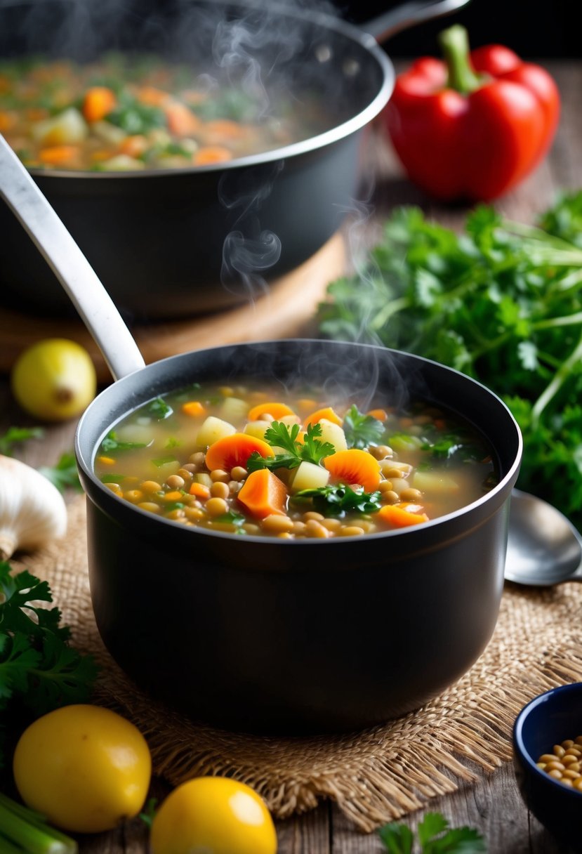 A steaming pot of vegetable lentil soup surrounded by fresh ingredients and a ladle