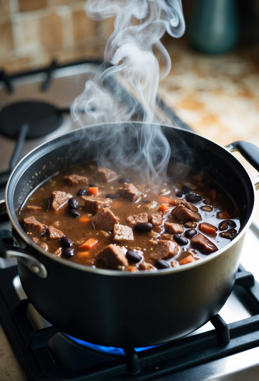 A pot of beef and black bean soup simmers on a stovetop, steam rising as chunks of beef and beans are visible in the broth