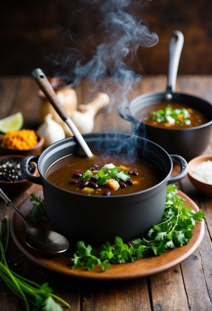 A steaming pot of smoky black bean soup surrounded by fresh ingredients and a rustic ladle