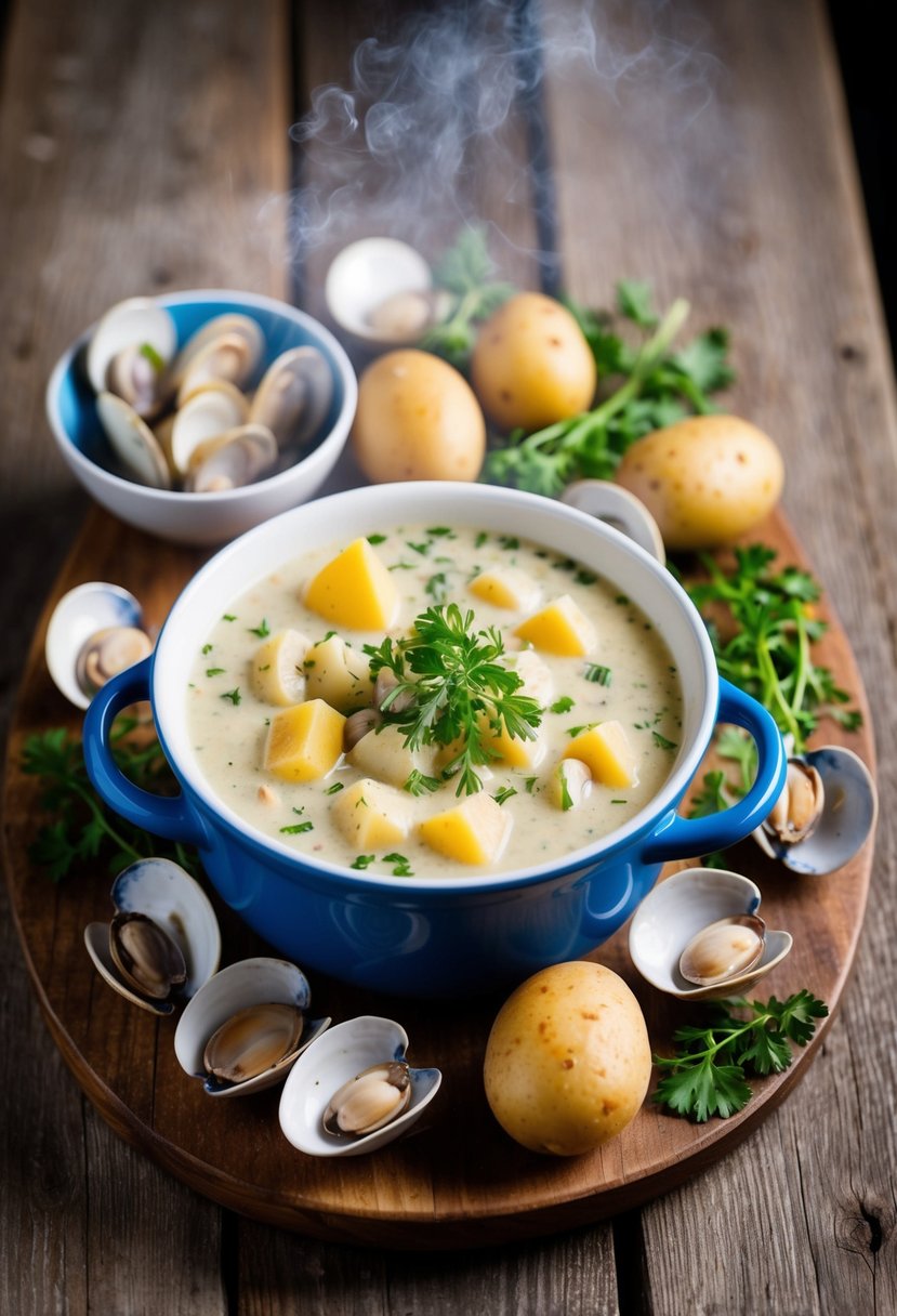 A steaming bowl of clam chowder surrounded by fresh clams, potatoes, and herbs on a rustic wooden table