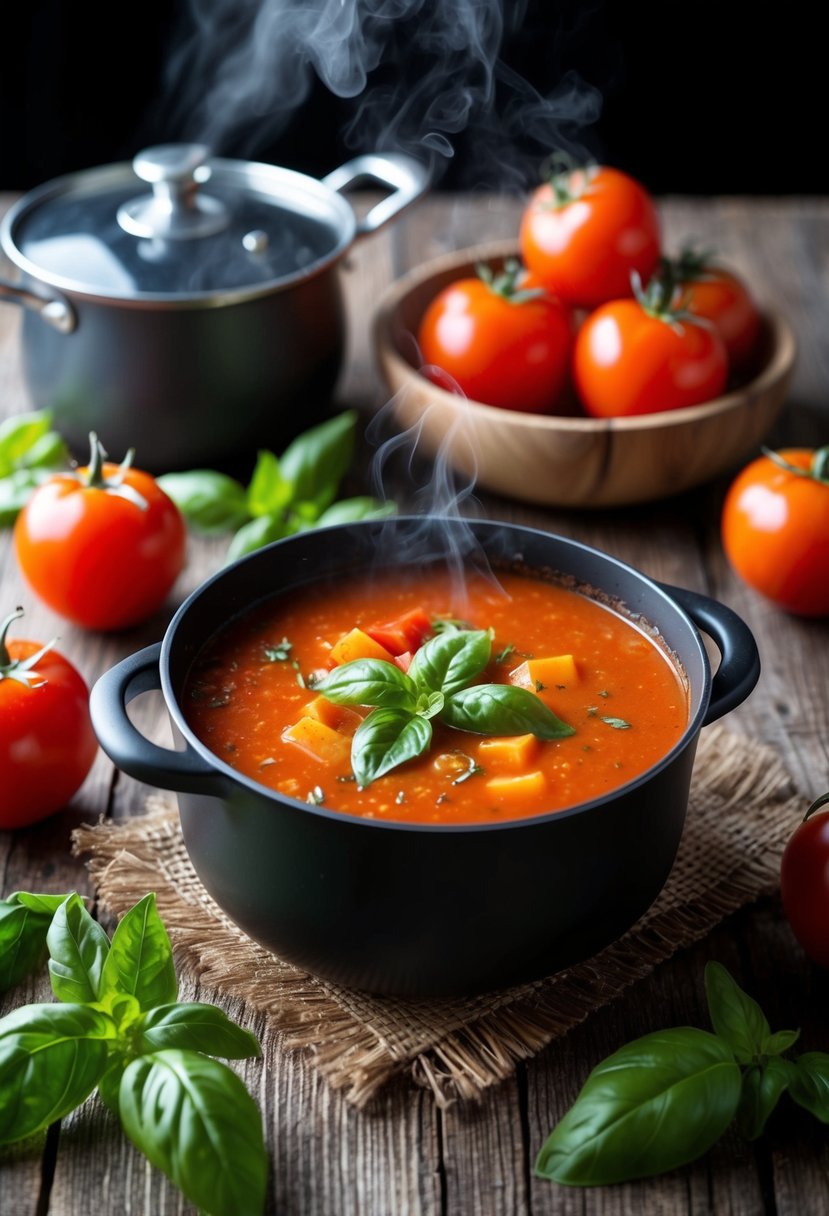 A steaming pot of tomato basil soup surrounded by fresh tomatoes and basil leaves on a rustic wooden table