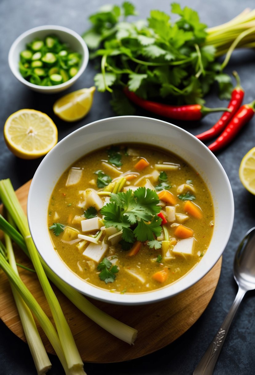 A steaming bowl of Spicy Thai Coconut Soup surrounded by vibrant ingredients like lemongrass, chili peppers, and cilantro